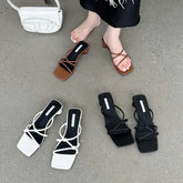 LBSFY  -  Casual Women Slippers Narrow Band Flat Mid Heels Black Brown White Thick Mid Heels Summer Outside Slides Party Pumps Mules Shoes